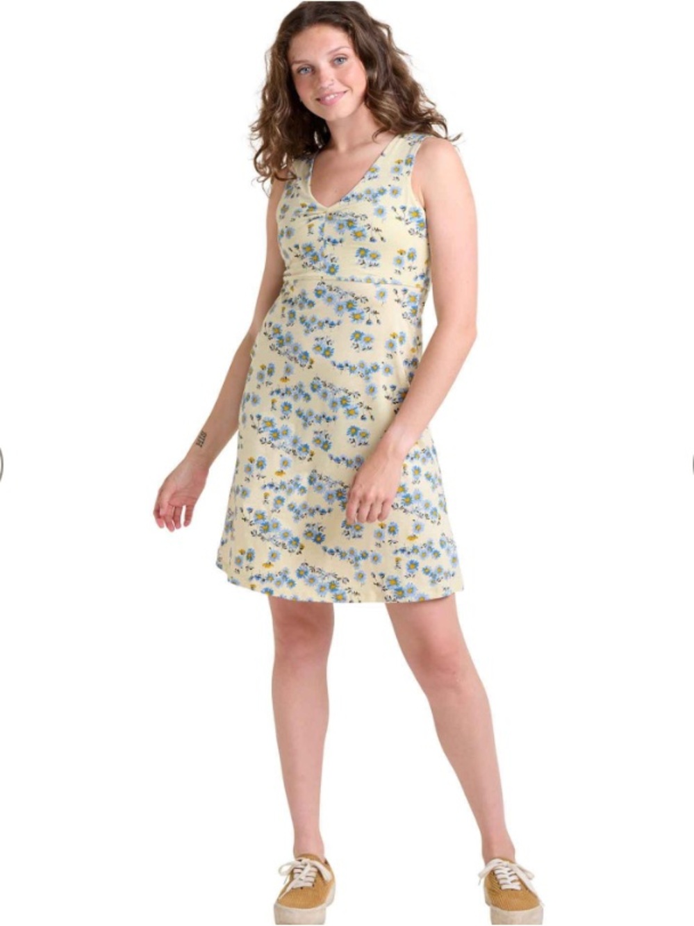 Toad&Co Yellow Dress with Blue Floral Print Organic Cotton Blend Size Medium